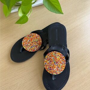 Hand Crafted Black Sandals with Multicolor Beaded Medallions